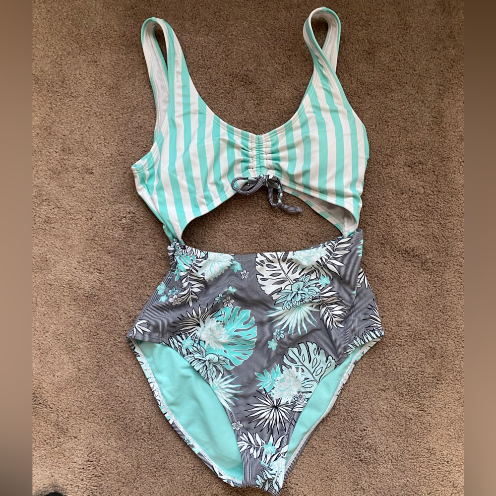 Striped and Floral One-Piece Swimsuit